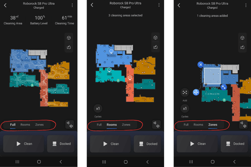 В приложении Roborock S8 Pro Ultra можно увидеть опции уборки одной комнаты, зоны и полной уборки.